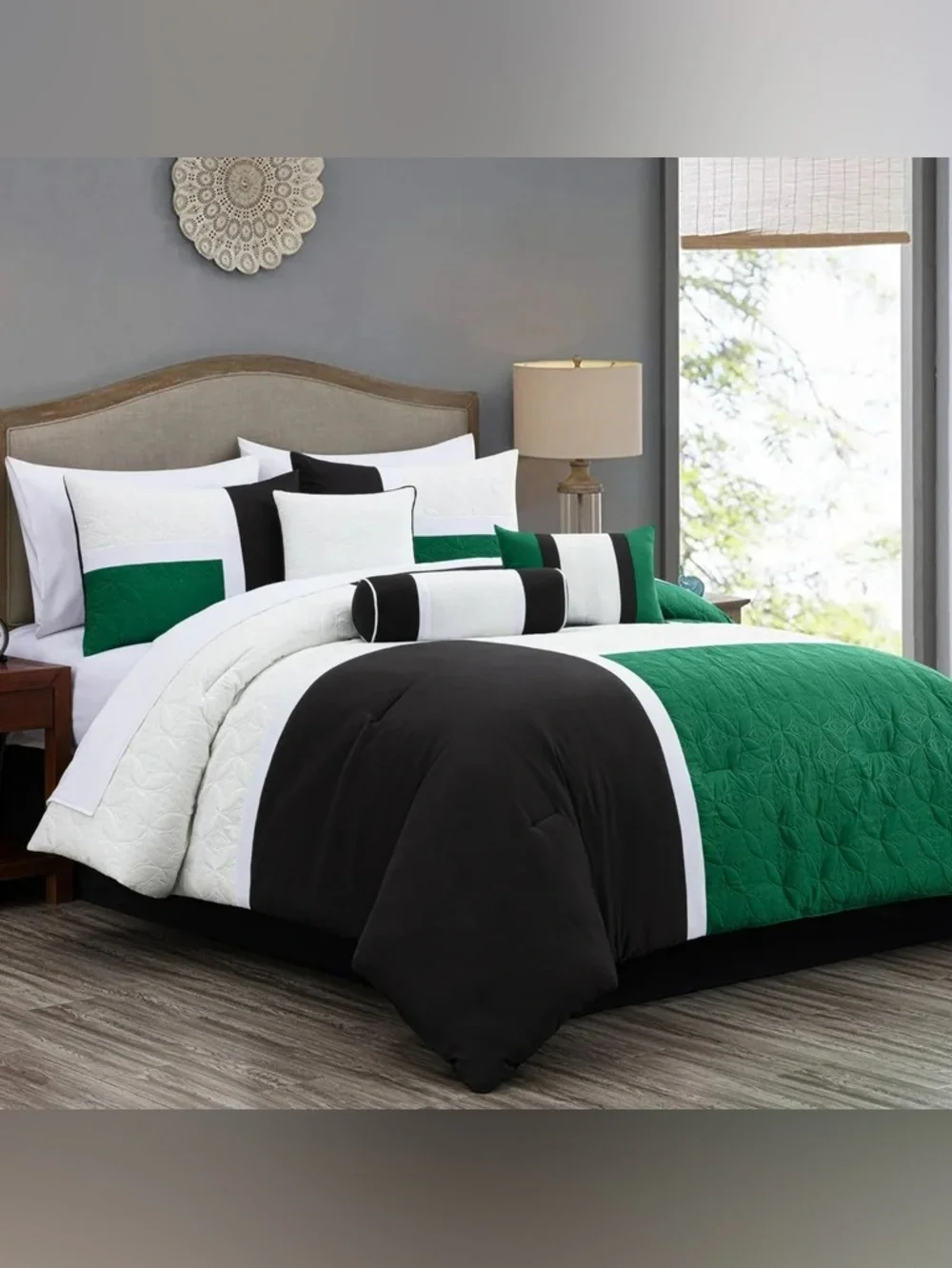 Green and Black Geometric Quilt 3 piece Queen Comforter Set